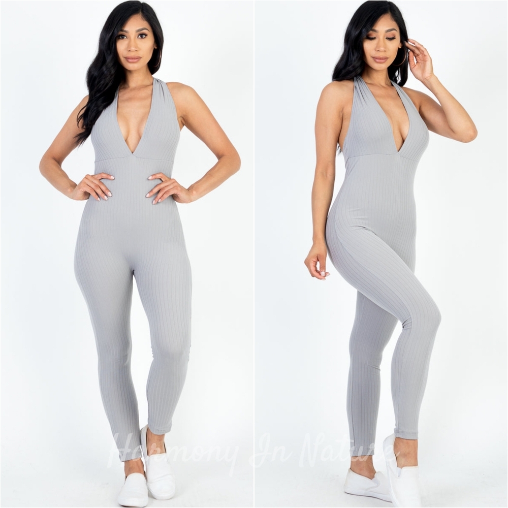 Harmony Deep Dive Bodycon Jumpsuit - Gray